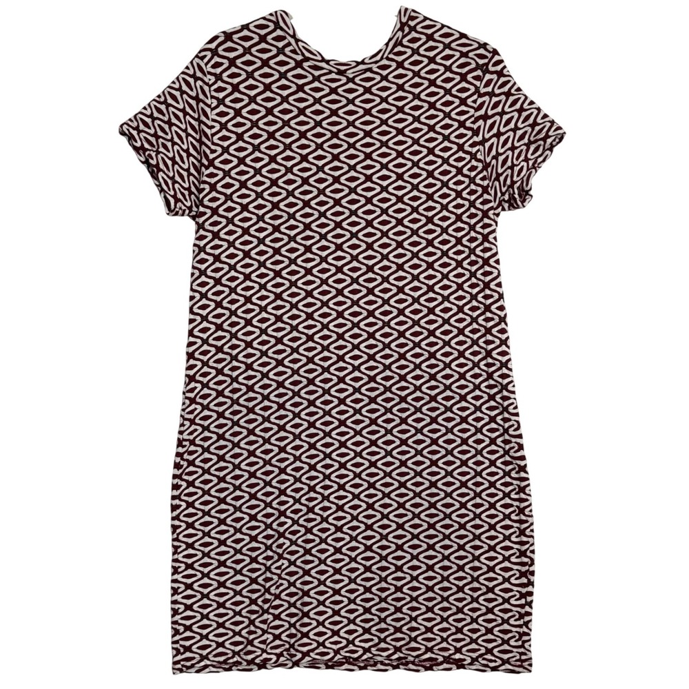 Zara Trafaluc Geometric Print Bodycon Dress Short Sleeve Burgundy White Size L